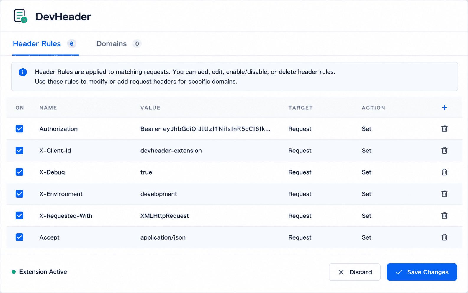 DevHeader popup showing the Header Rules tab with six request headers configured