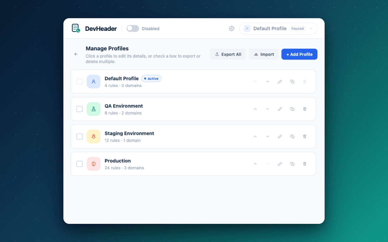 DevHeader popup showing the Manage Profiles view with four named profiles