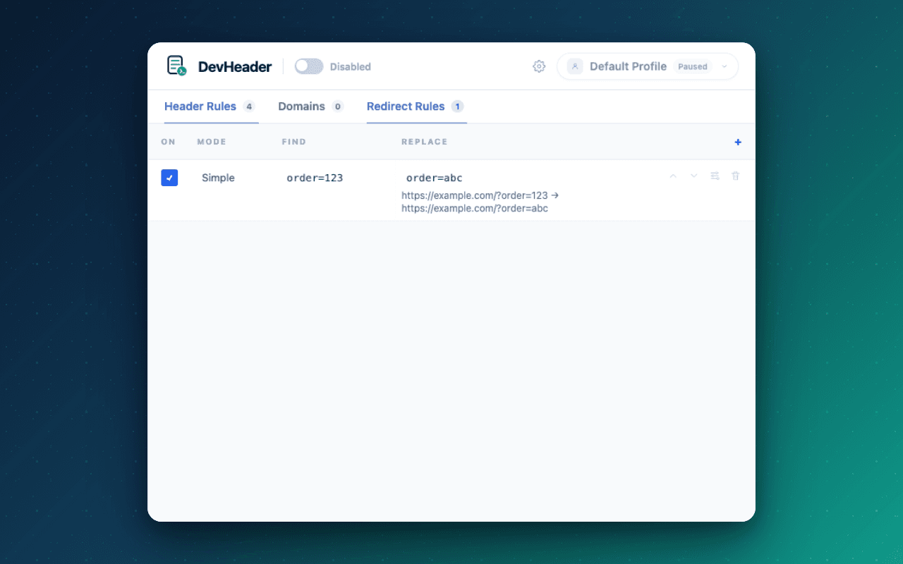 DevHeader popup showing the Redirects tab with a rewrite rule and its live preview